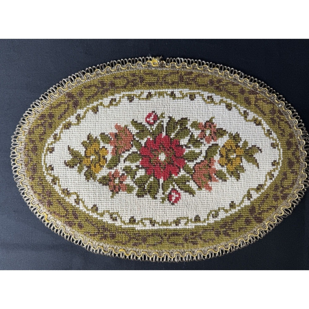 Vintage Oval Floral Embroidered Doily Gold Tan Brown Green Mustard Granny Core